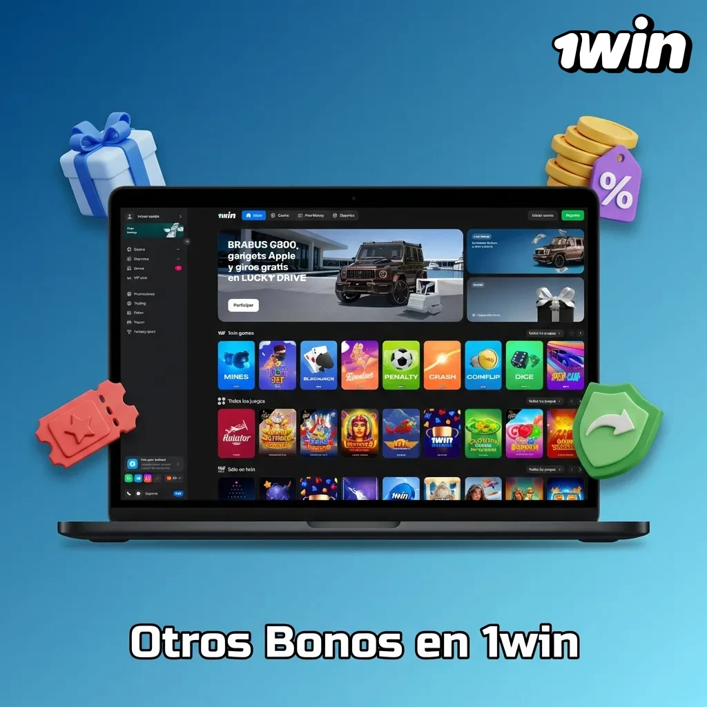 1win promotional bonuses including weekly reload, casino cashback, birthday bonus, and free sports bets interface