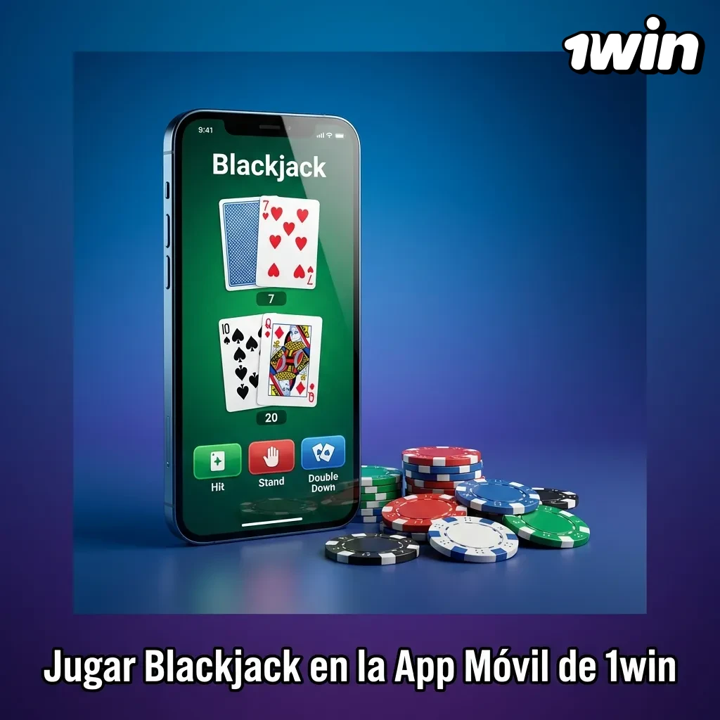 Mano de blackjack en pantalla de smartphone mostrando cartas y fichas en la aplicación móvil de 1win