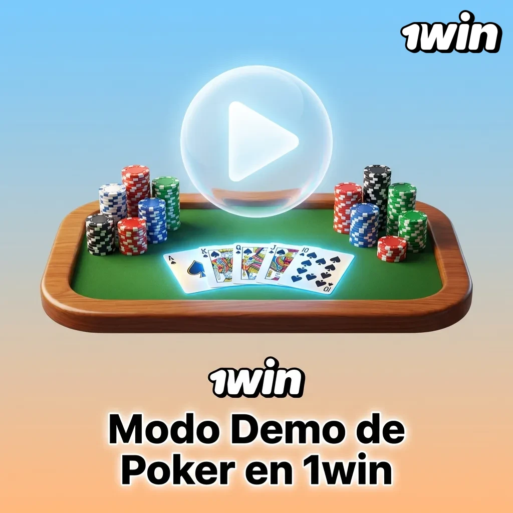 Mesa de póker virtual en modo demo mostrando cartas, fichas y opciones de juego sin dinero real en 1win
