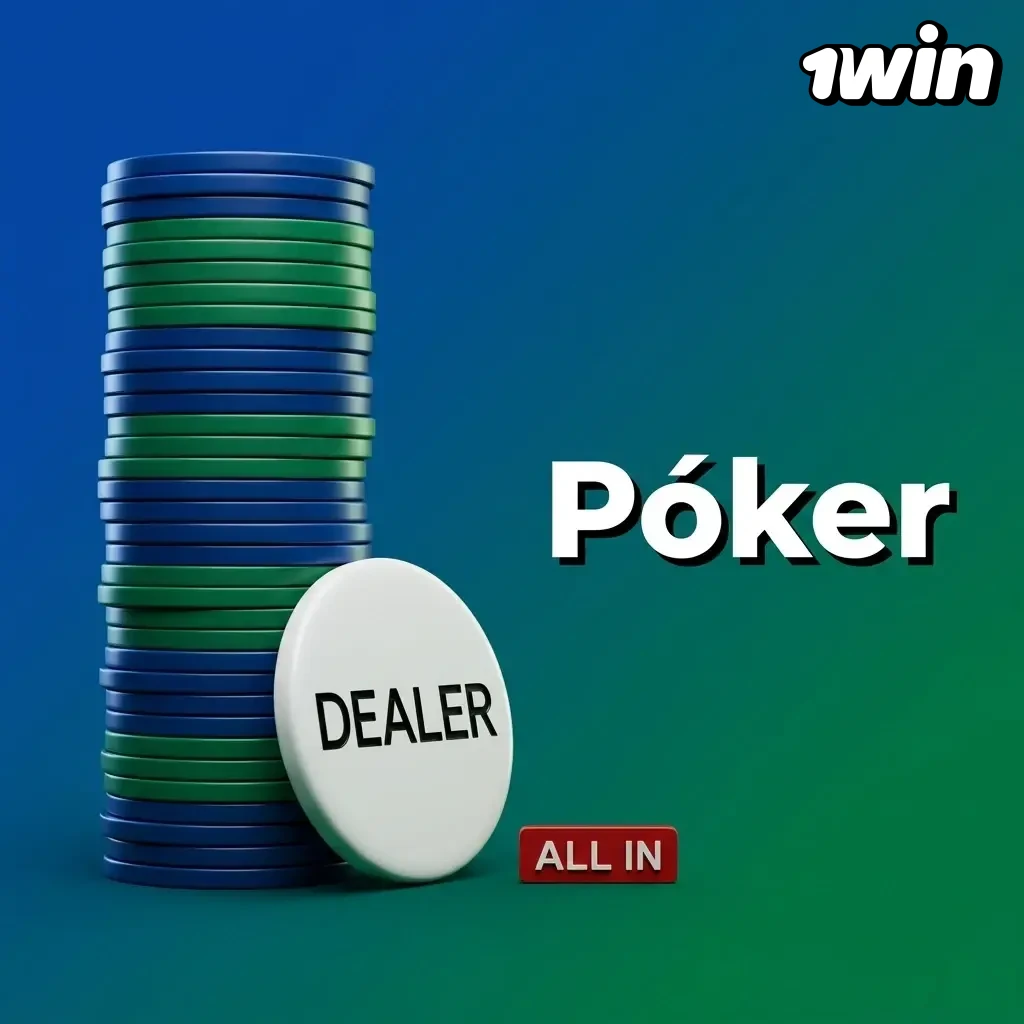 Mesa de póker en vivo en 1win con crupier, cartas y fichas para Casino Hold'em y Texas Hold'em