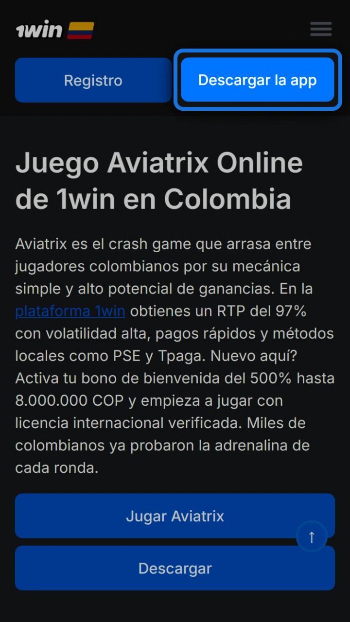 Toca el botón azul de descarga en 1win para disfrutar del moderno juego Aviatrix.