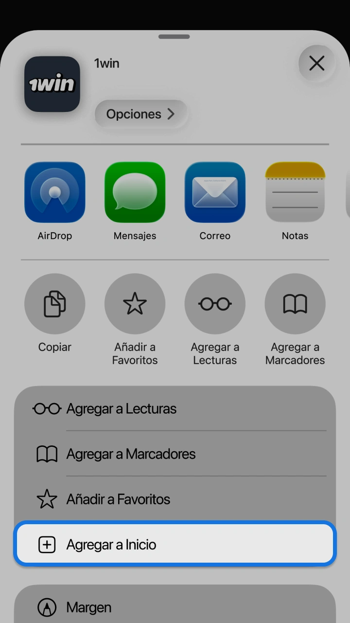 Selecciona la opción para agregar el acceso rápido de 1win y jugar a Aviatrix.