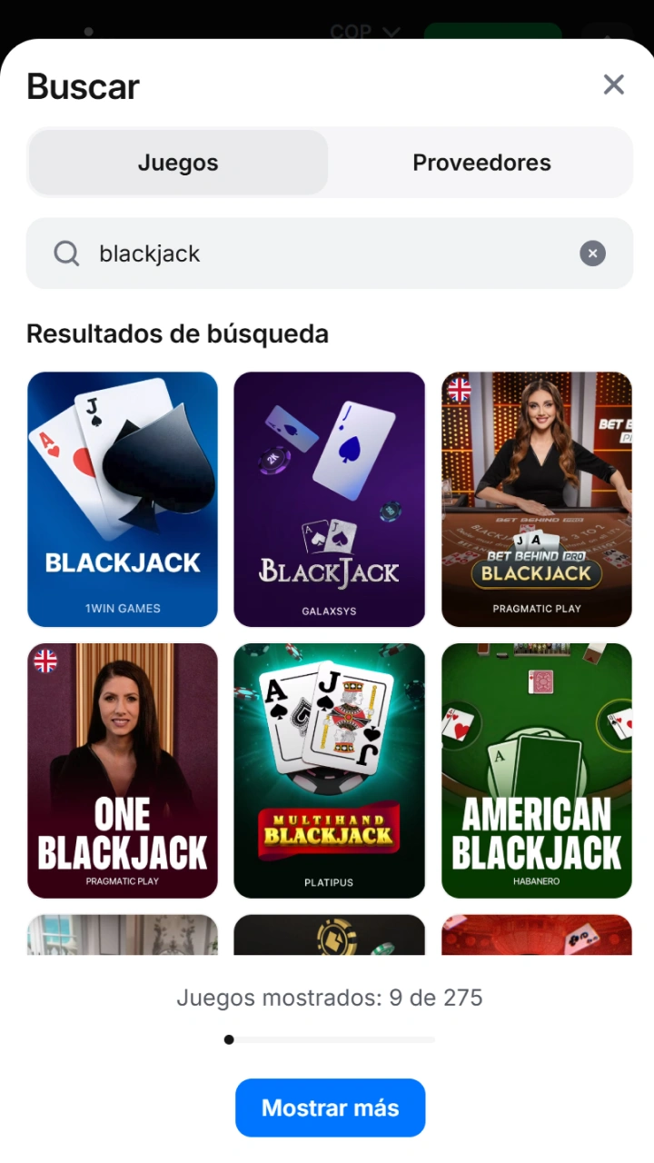 Selecciona tu variante favorita de Blackjack en el buscador de juegos del casino 1win.