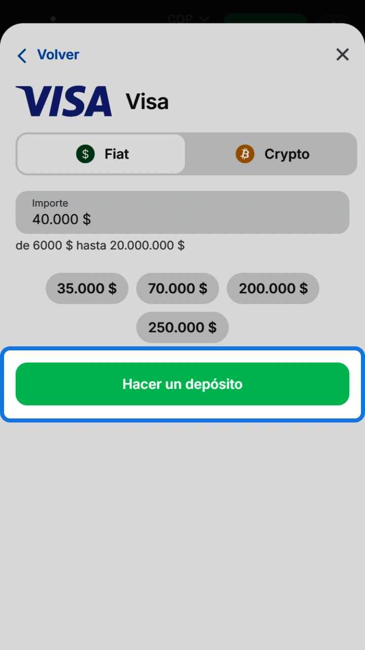Confirma tu transacción de forma segura presionando el botón de depósito en 1win.