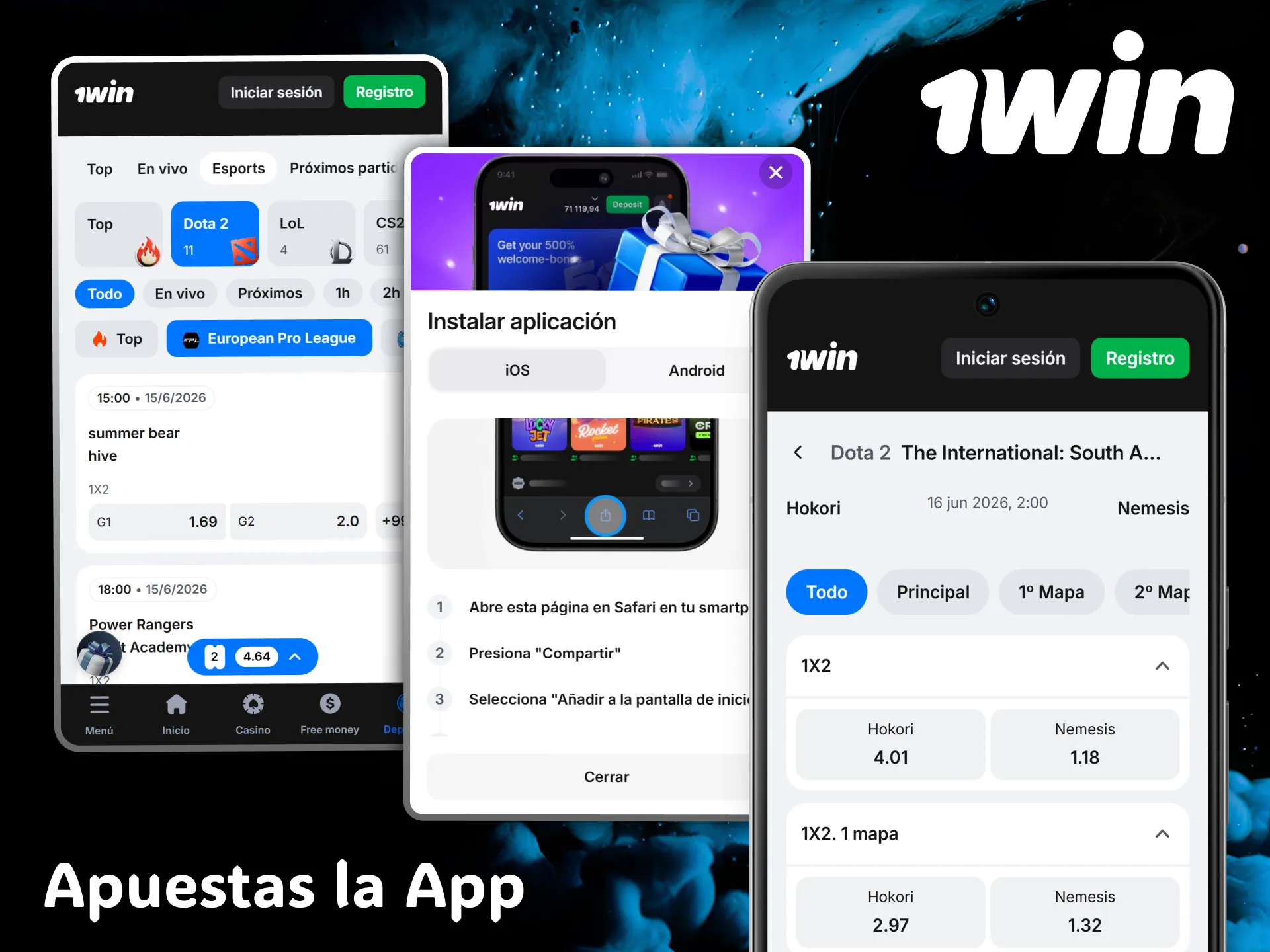 Instala la moderna aplicación móvil de 1win para seguir tus partidas de Dota 2.