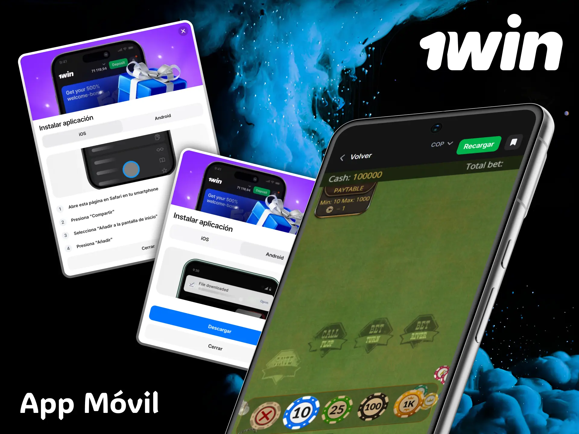 Descarga la excelente app móvil de 1win para disfrutar del Poker desde cualquier lugar.