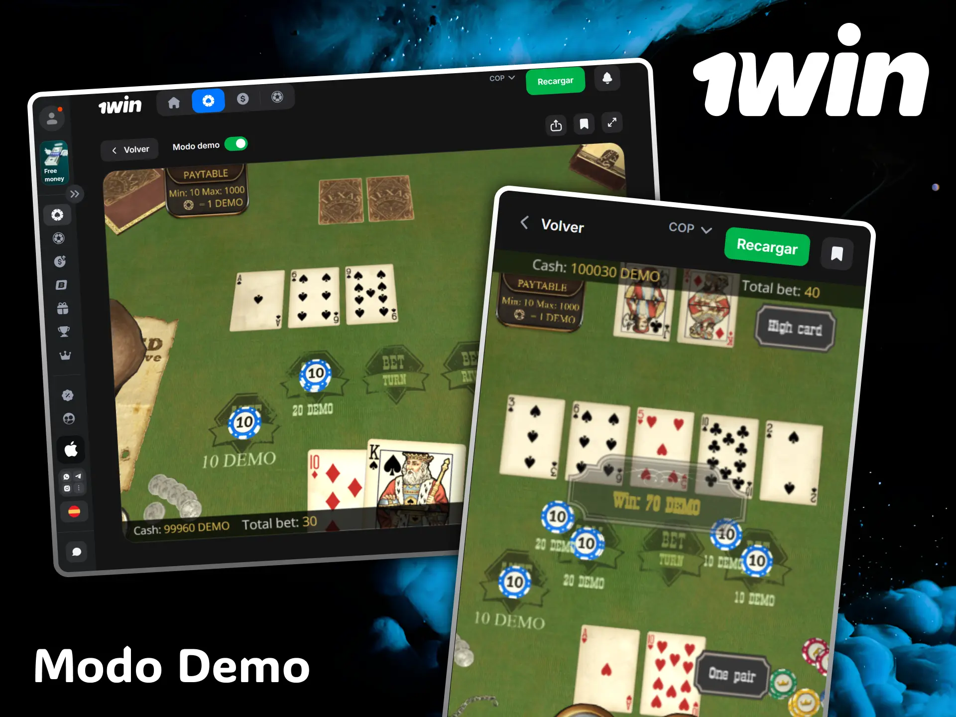 Practica gratis en el cómodo modo demo de Poker que ofrece el casino 1win.
