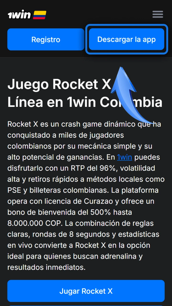 Haz clic en el botón de descarga en el sitio web de 1win para disfrutar del maravilloso juego Rocket X.