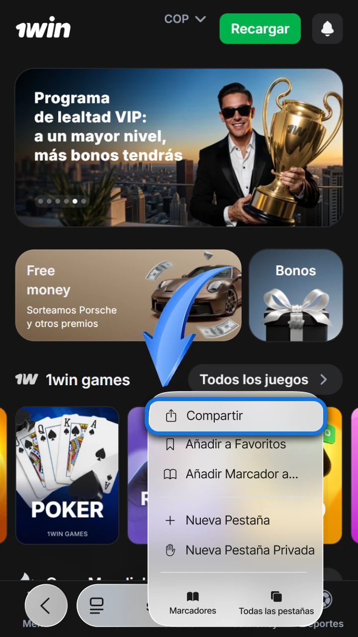 Toca el menú compartir en tu iPhone para instalar la app de 1win y Rocket X.