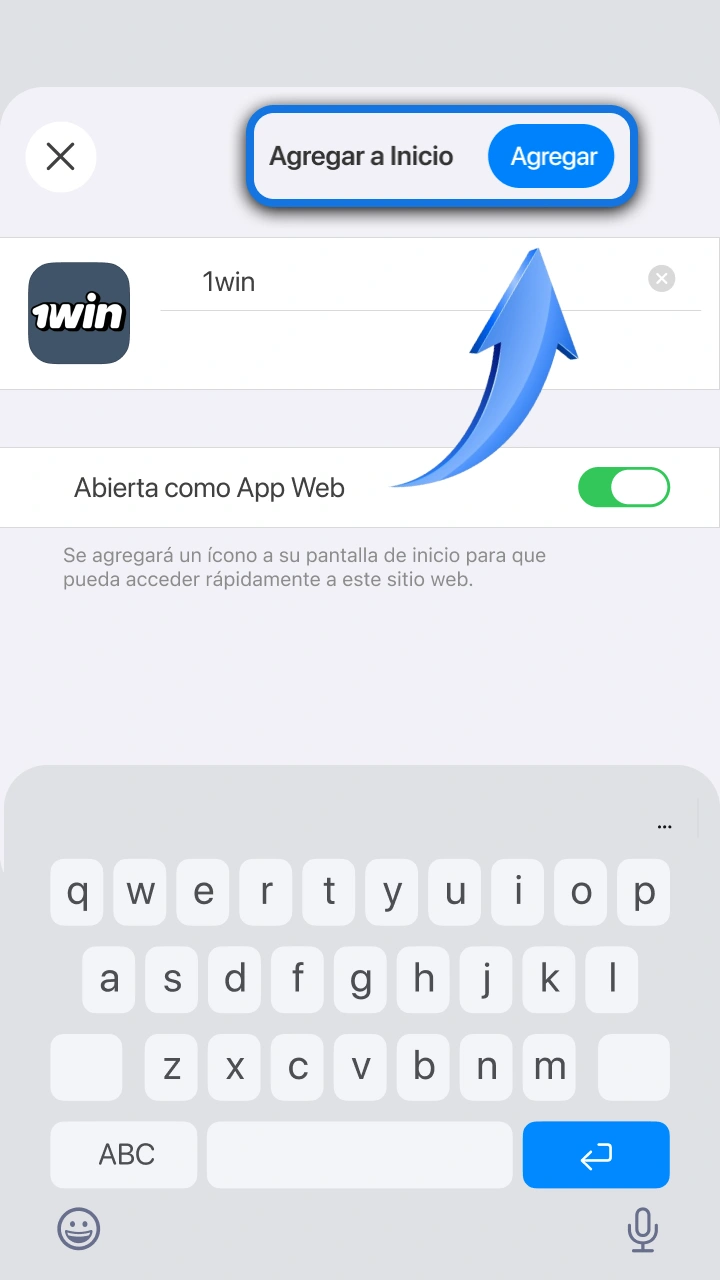 Confirma la adición a la pantalla de inicio para abrir Rocket X rápido en 1win.