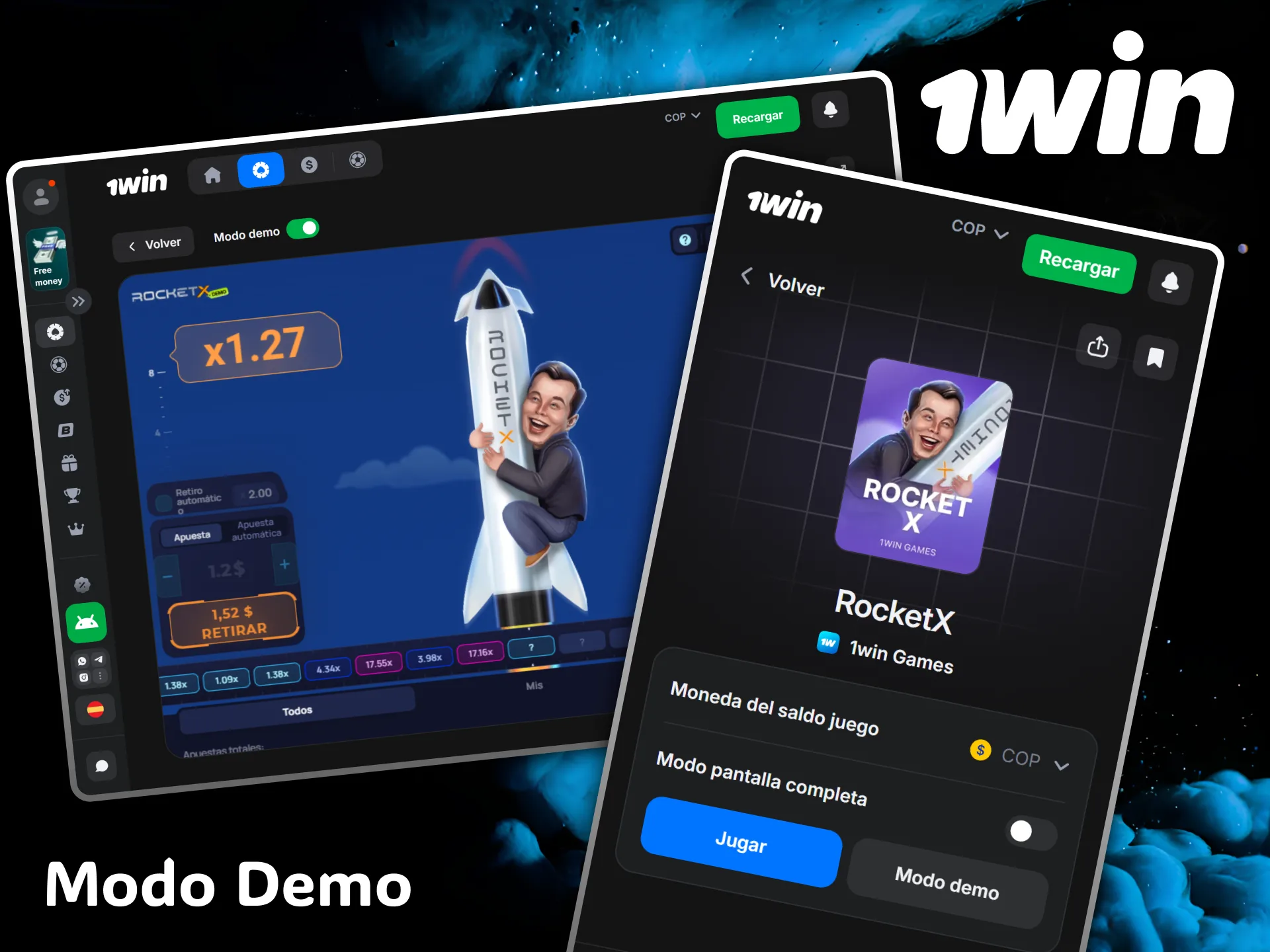 Prueba el modo demo gratuito de Rocket X y diviértete sin riesgos en casino 1win.