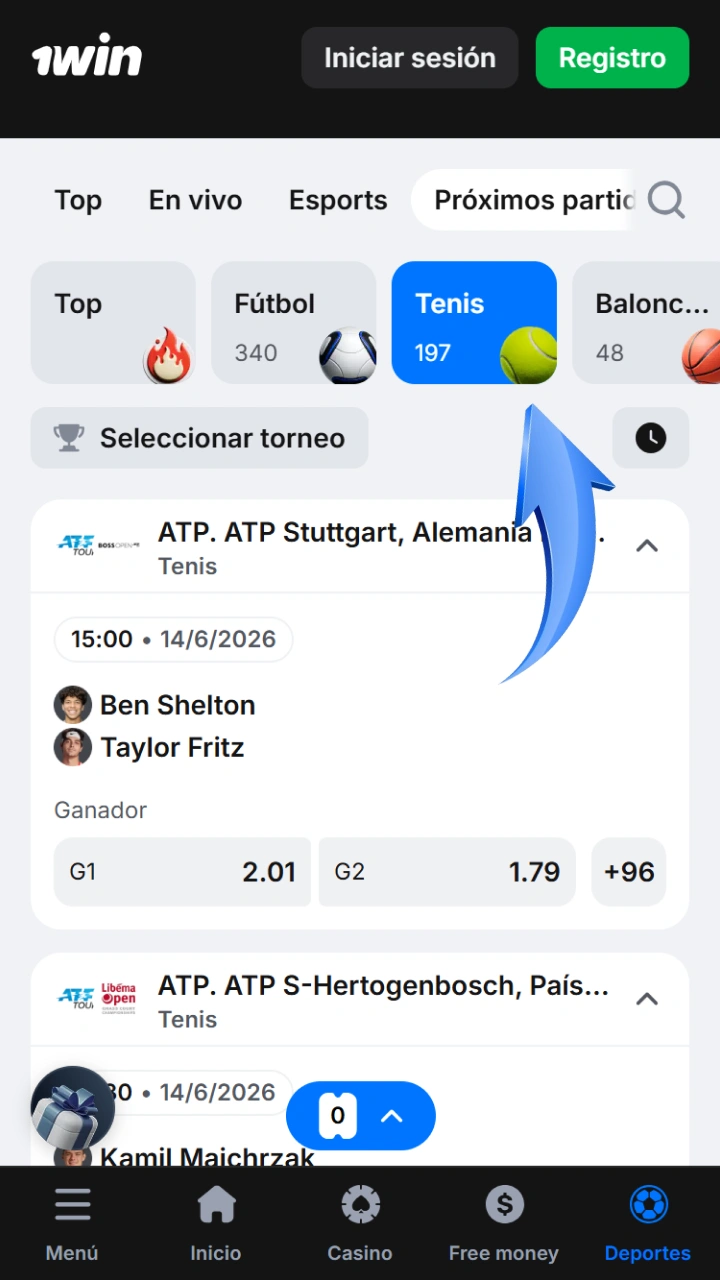Abre la sección de tenis con un solo clic desde la pantalla principal de 1win.
