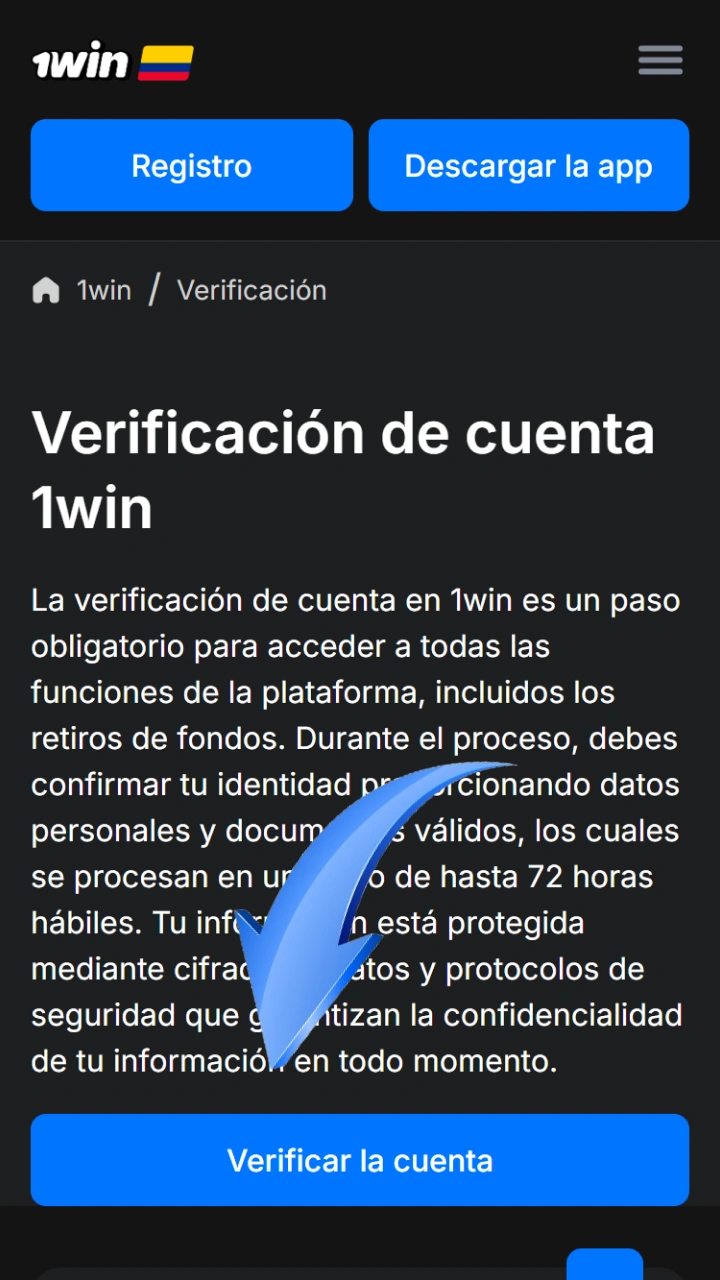 Haz clic en el botón azul para iniciar la verificación oficial de tu cuenta 1win.