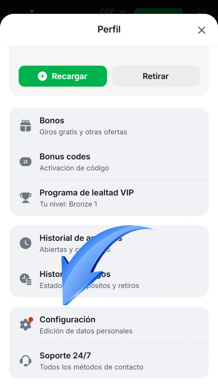 Abre la sección de configuración en tu perfil de usuario de 1win.